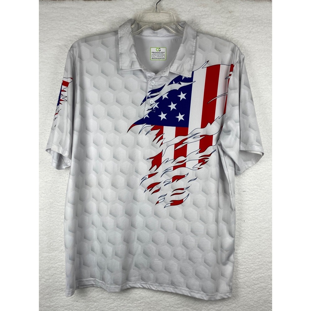 Obnoxious Golf Mens Large Polo‎ Shirt USA Flag Ripped Patriotic Honeycomb Grey